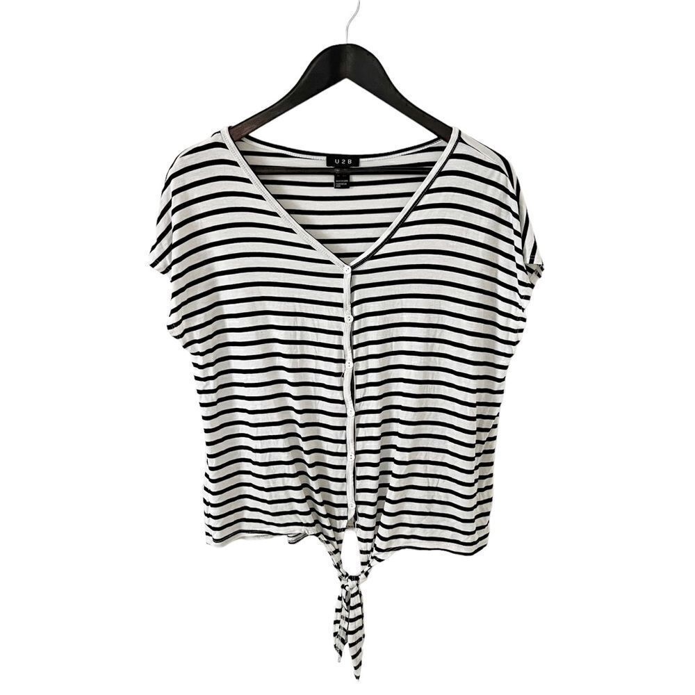 U2B Black‎ White Striped Front Tie Short Sleeve T-shirt